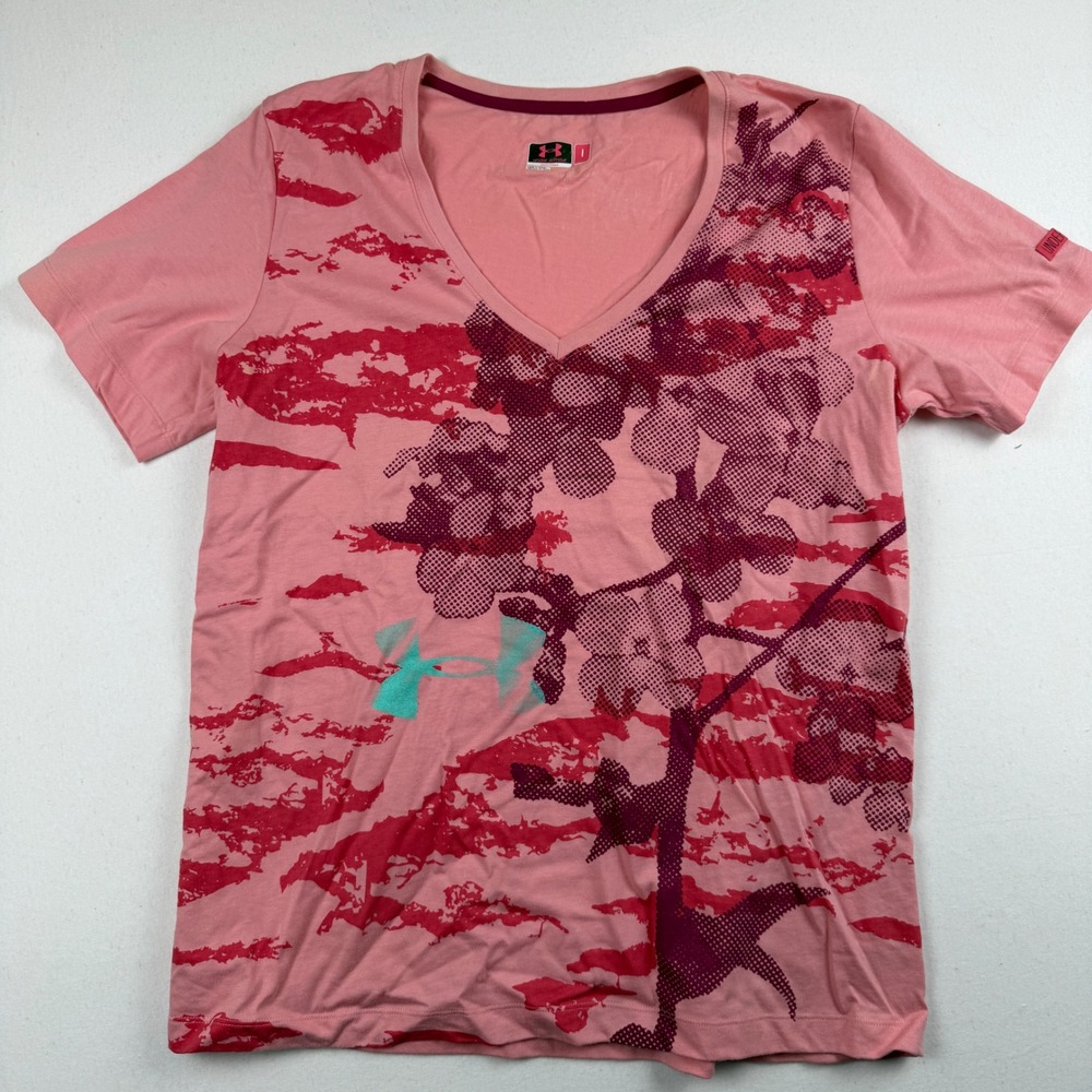 Under Armour Womens Large Pink V-Neck Graphic T-Shirt Semi-Fitted Floral Print
